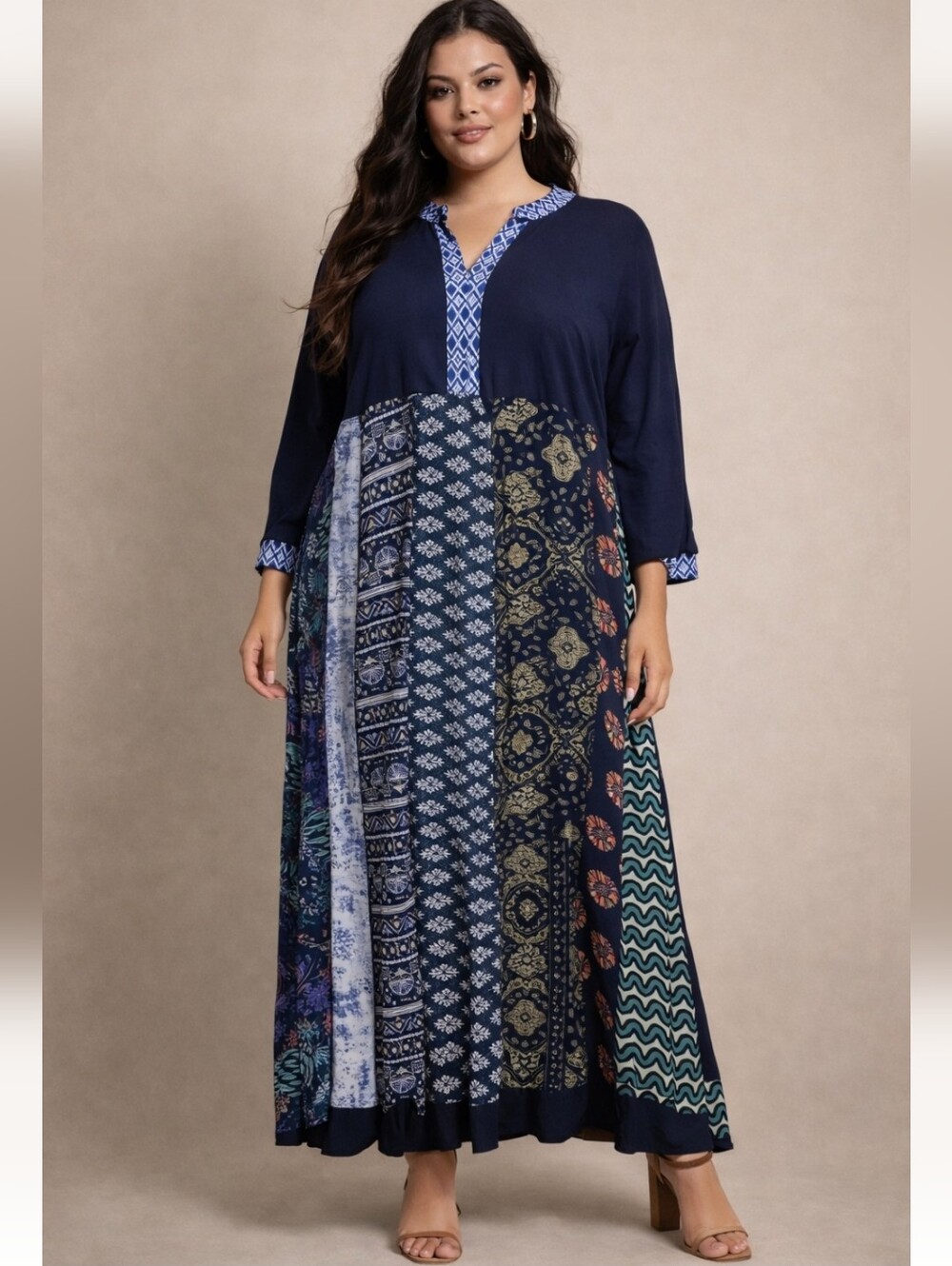 Bohemian Patchwork Maxi Dress - Navy Blue Multi-Pattern - One Size